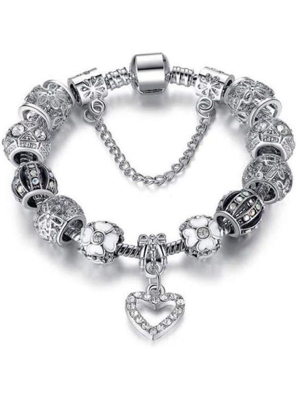 Silver Charm Bracelet Crystal Murano Glass Beads Snake Chain Gift Women